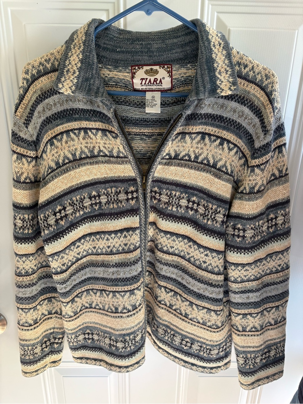 Tiara International Zip-Front Fair Isle Cardigan Sweater in Gray and Cream